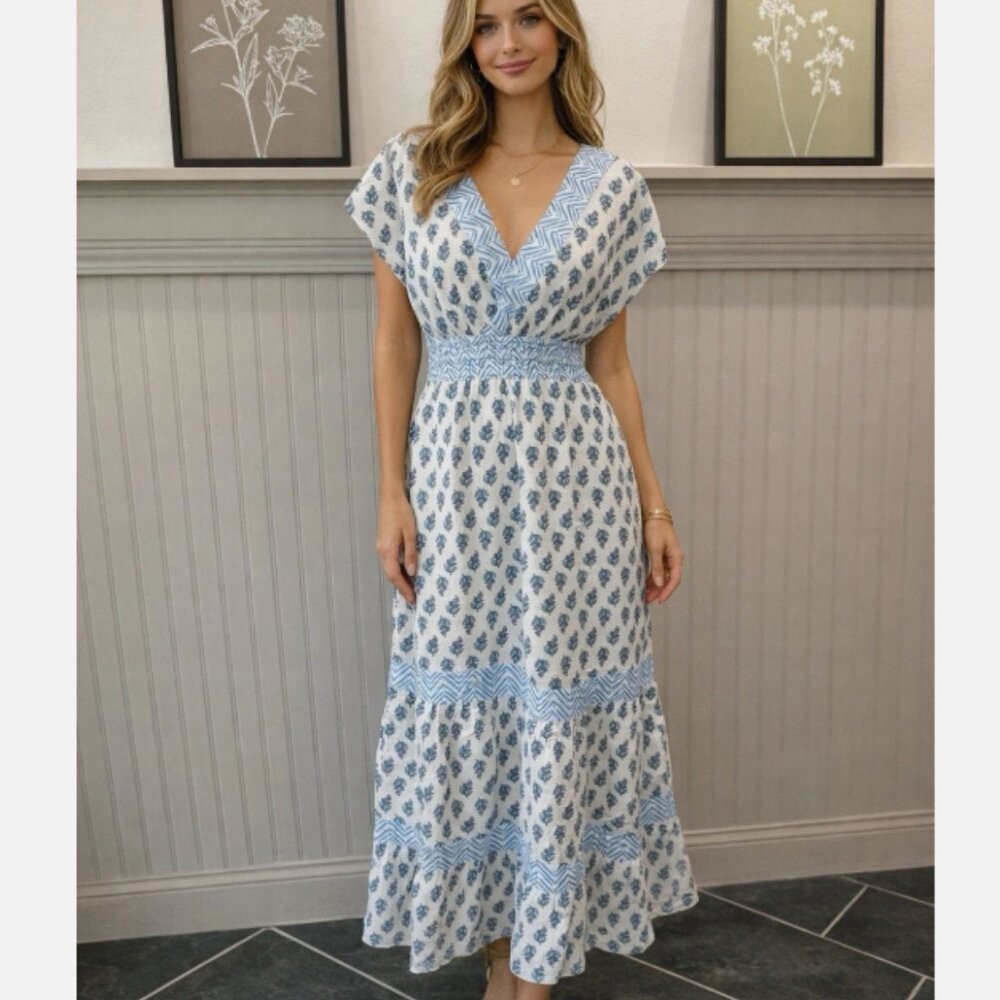 NWT Rachel Zoe Linen Blend Floral Maxi Dress Smocked Waist Lagoon Blue w Pockets